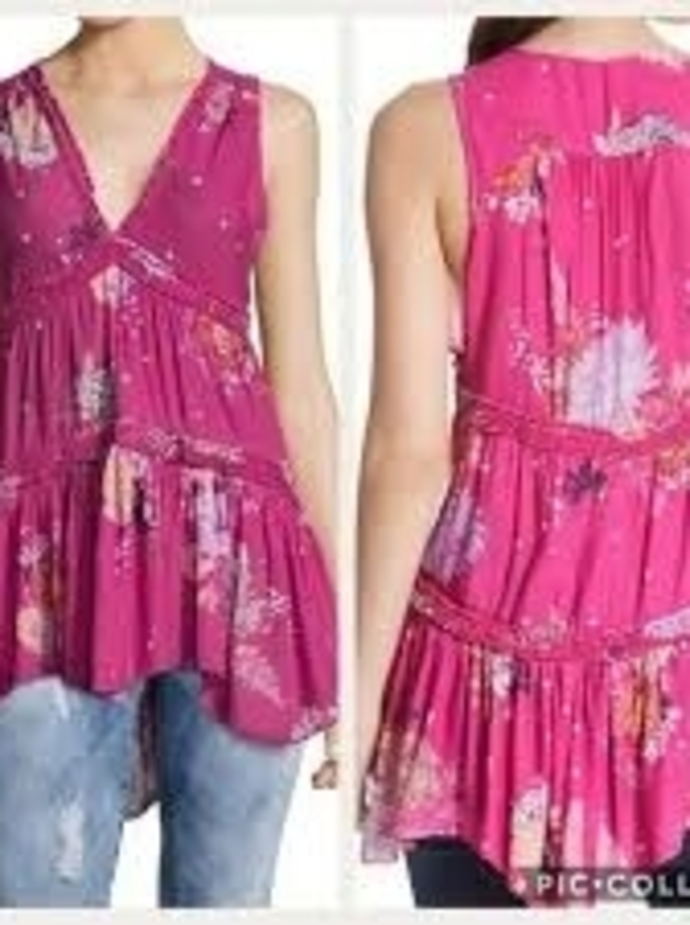 Free People Fuchsia Floral V-Neck Tiered Tunic Mini Dress S